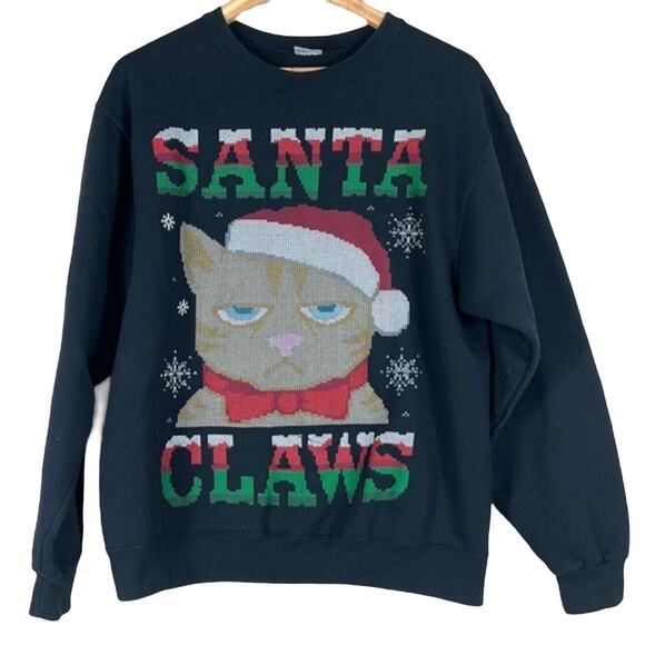 Ugly Christmas Sweater Tops - Jerzees Santa Claws Sweatshirt Womens M Black Grumpy Cat Christmas Funny Holiday